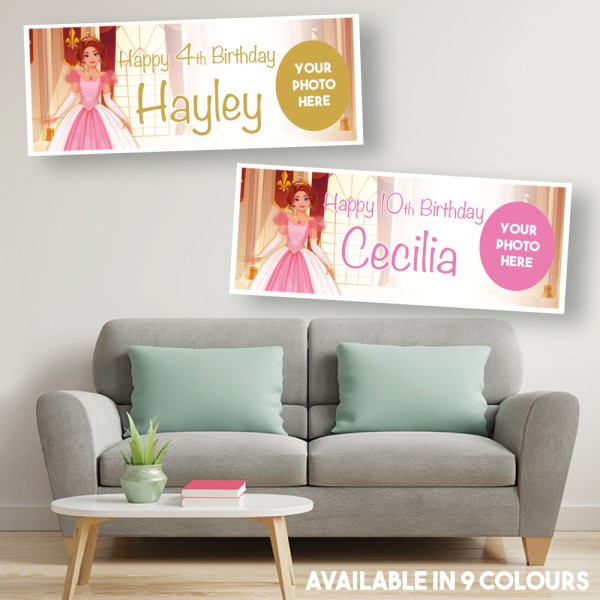 Beautiful Pink Princess Personalised Photo Birthday Banners