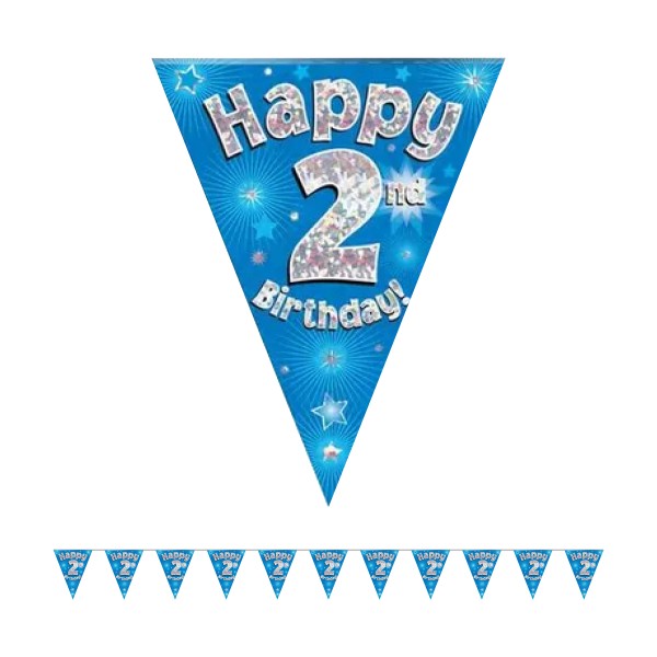 Holographic Happy 2nd Birthday Party Bunting (Blue)