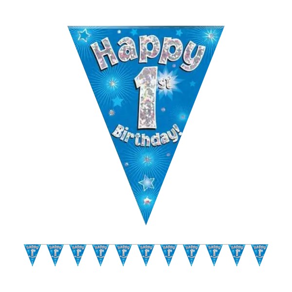Holographic Happy 1st Birthday Party Bunting (Blue)