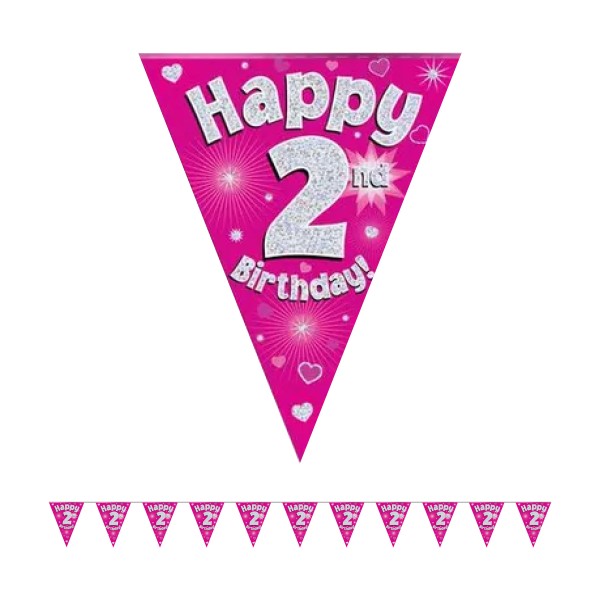 Holographic Happy 2nd Birthday Party Bunting (Pink)