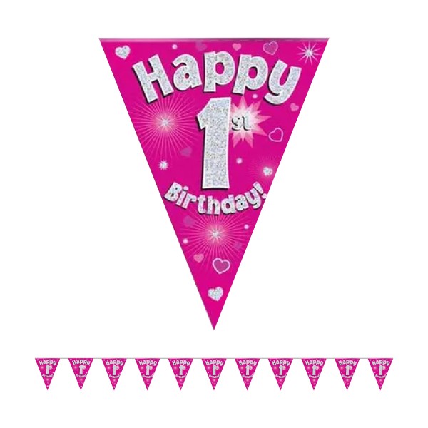 Holographic Happy 1st Birthday Party Bunting (Pink)