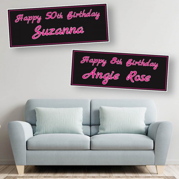 Black & Hot Pink Personalised  Birthday Banners