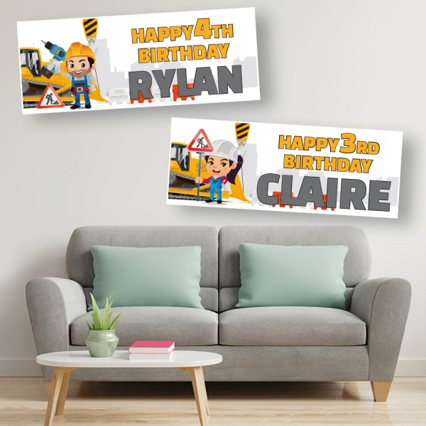 Digger Roadworks Personalised Birthday Banners - Available for Boy or Girl