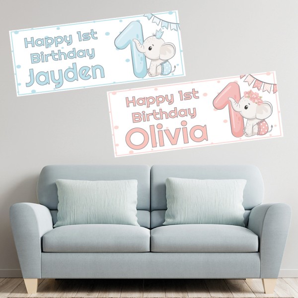 1st Birthday Elephant Personalised Banners