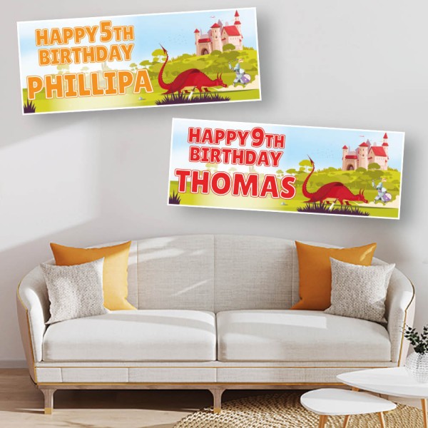 Fairytale Dragon Knight & Castle Personalised Birthday Banners