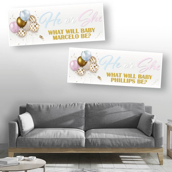 Baby Reveal He or She Balloon Personalised Banners