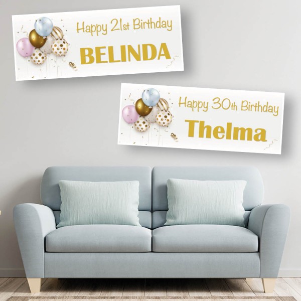 Gold Pink & Blue Balloon Personalised Birthday Banners