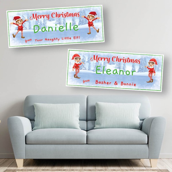 Naughty Elf Personalised Christmas Banners (Boy, Girl & Mixed Options Available - Use Theme Colour to choose required image: Boy Elves, Girl Elves or Boy & Girl Elves)