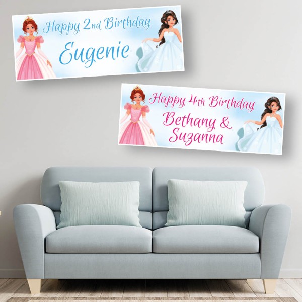Pretty Blue and Pink Princesses Personalised Birthday Banners