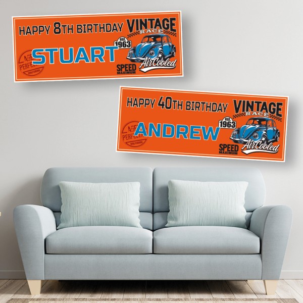 Retro Blue Car Personalised Birthday Banners