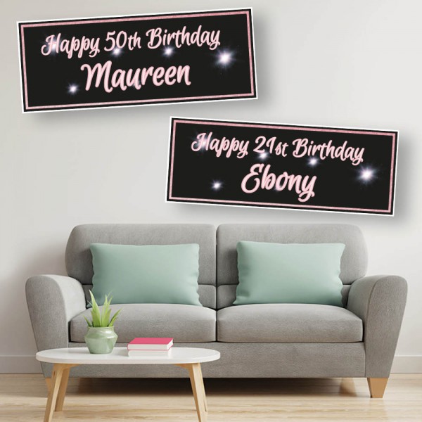 Black & Pink Sparkle Personalised  Birthday Banners