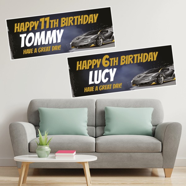 Sports Car Black & Gold Personalised  Birthday Banners