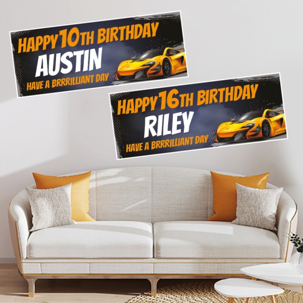 Sports Car Orange Personalised  Birthday Banners