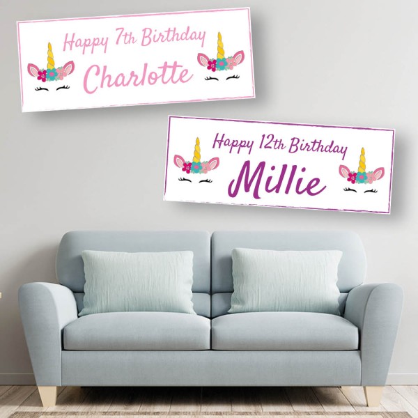 Unicorn Face & Flowers Personalised Birthday Banners