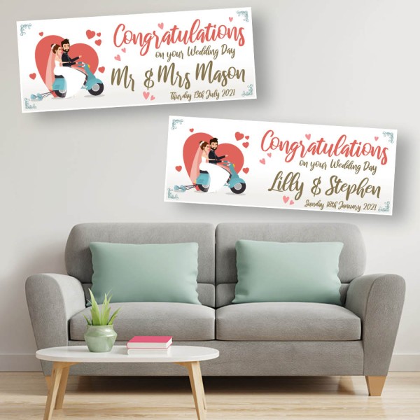 Wedding Day Bride & Groom Moped Wedding Personalised Banners